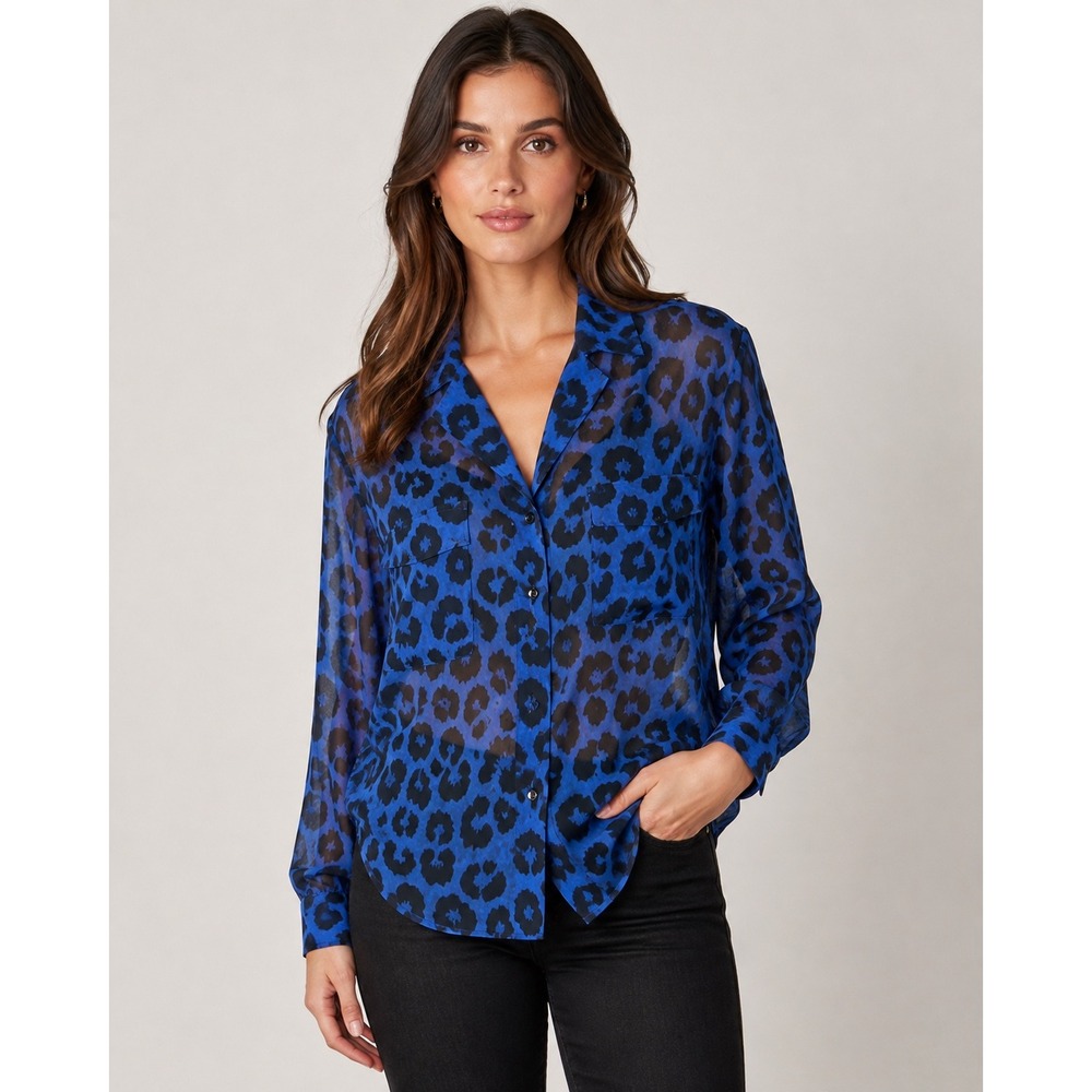 Free People Blue Leopard Animal Print Sheer Button Down Shirt XS Pocket Top